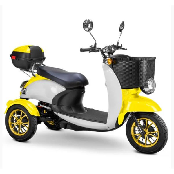 Bespoke Supreme Full Sized Mobility Scooter in Yellow with Black Seat and Gold Wheel Rims