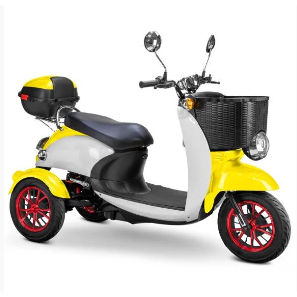 Bespoke Supreme Full Sized Mobility Scooter in Yellow with Black Seat and Red Wheel Rims