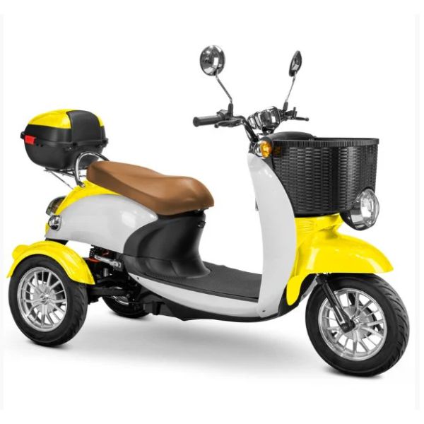 Bespoke Supreme Full Sized Mobility Scooter in Yellow with Brown Seat and Chrome Wheel Rims