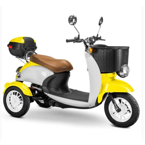 Bespoke Supreme Full Sized Mobility Scooter in Yellow with Brown Seat and White Wheel Rims
