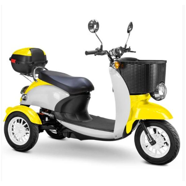 Bespoke Supreme Full Sized Mobility Scooter in Yellow with Black Seat and White Wheel Rims