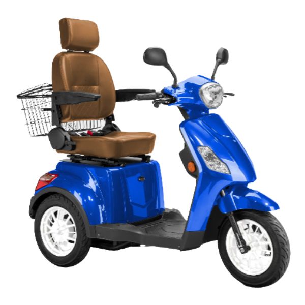 Bespoke Legacy 3-Wheel Mobility Scooter in Blue with Brown Seat and White Wheel Rim