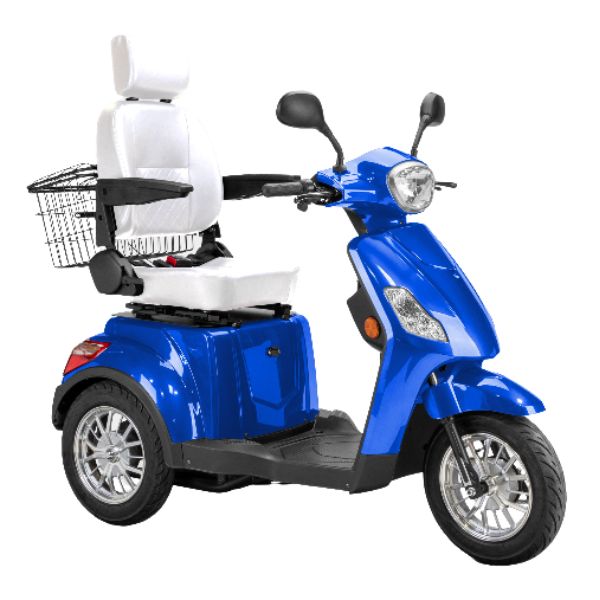 Bespoke Legacy 3-Wheel Mobility Scooter in Blue with White Seat and Chrome Wheel Rim