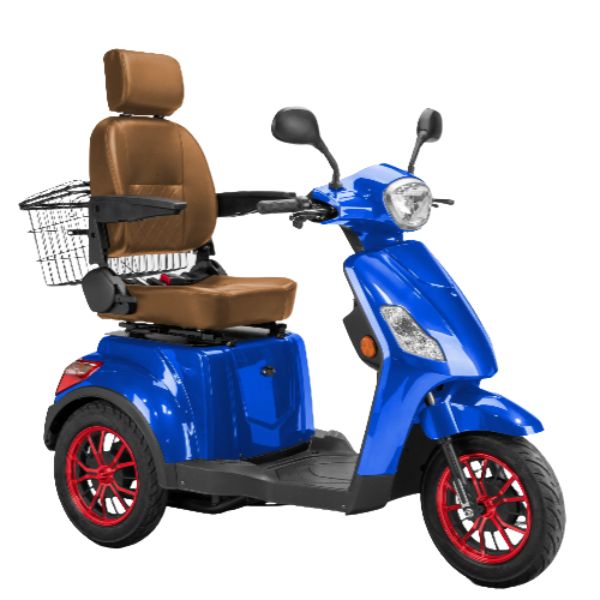 Bespoke Legacy 3-Wheel Mobility Scooter in Blue with Brown Seat and Red Wheel Rim