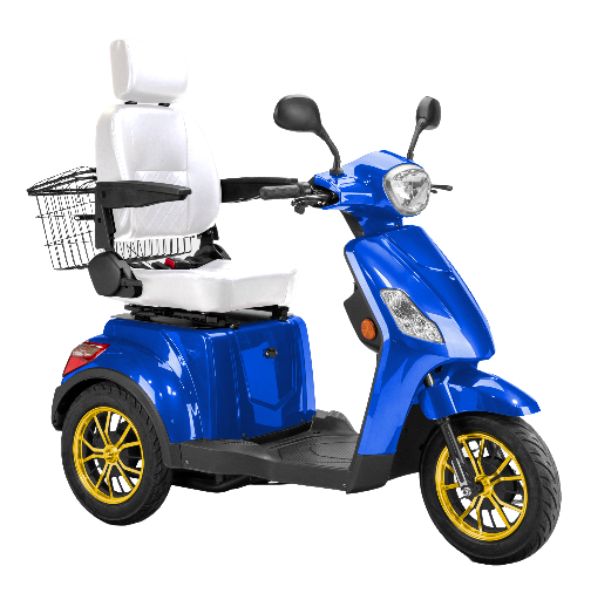 Bespoke Legacy 3-Wheel Mobility Scooter in Blue with White Seat and Gold Wheel Rim