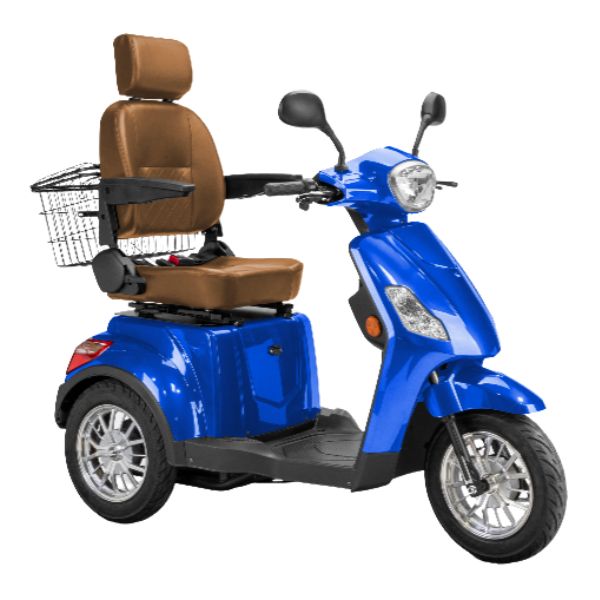 Bespoke Legacy 3-Wheel Mobility Scooter in Blue with Brown Seat and Chrome Wheel Rim