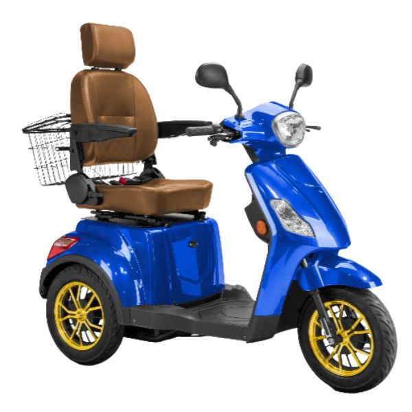 Bespoke Legacy 3-Wheel Mobility Scooter in Blue with Brown Seat and Gold Wheel Rim