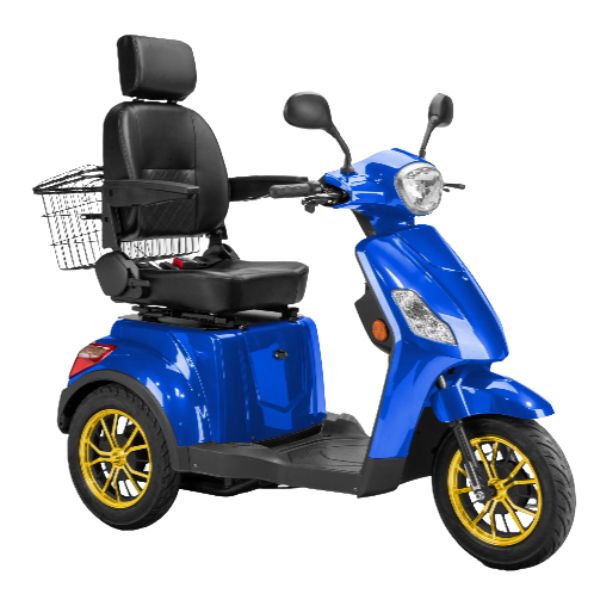 Bespoke Legacy 3-Wheel Mobility Scooter in Blue with Black Seat and Gold heel Rim