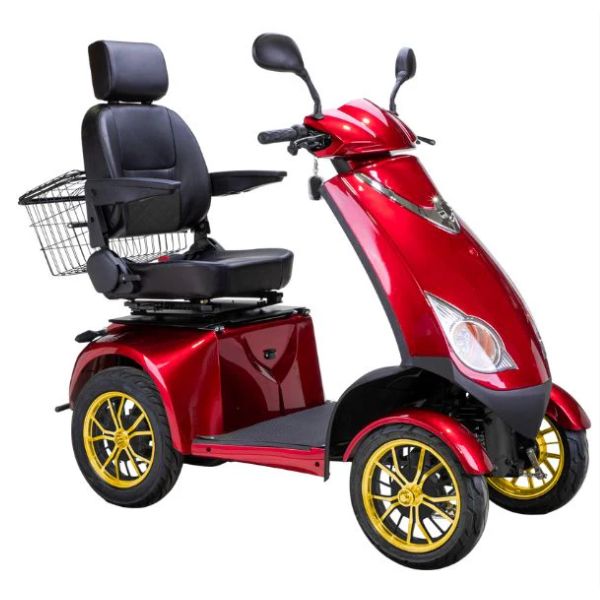 Bespoke Platinum All-Terrain Mobility Scooter in Red with Black Seat and Gold Wheel Rim