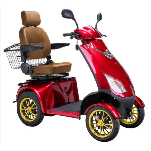Bespoke Platinum All-Terrain Mobility Scooter in Red with Brown Seat and Gold Wheel Rim