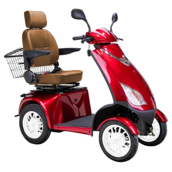 Bespoke Platinum All-Terrain Mobility Scooter in Red with Brown Seat and White Wheel Rim