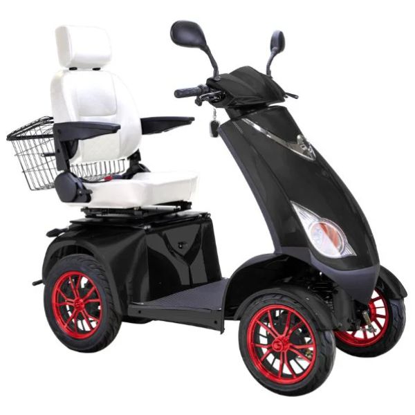 Bespoke Platinum Mobility Scooter in Black with White Seat and Red Wheel Rim
