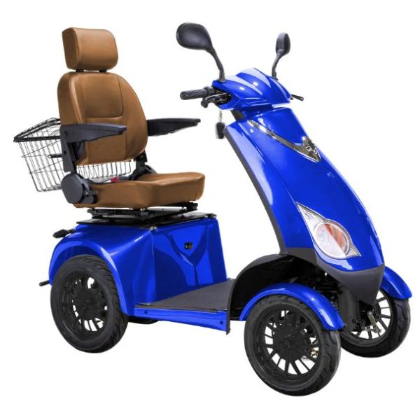 Bespoke Platinum All-Terrain Mobility Scooter in Blue with Brown Seat and Black Wheel Rim