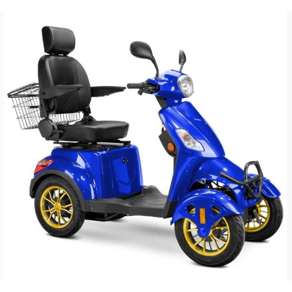 Bespoke Prestige Mobility Scooter in Blue with Black Seat and Gold Wheel Rim