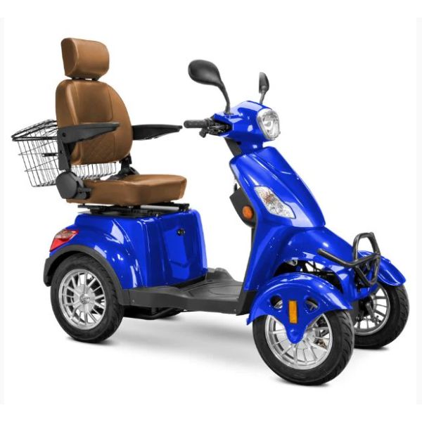 Bespoke Prestige Mobility Scooter in Blue with Brown Seat and Chrome Wheel Rim
