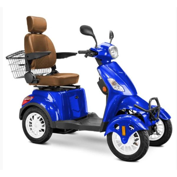 Bespoke Prestige Mobility Scooter in Blue with Brown Seat and White Wheel Rim