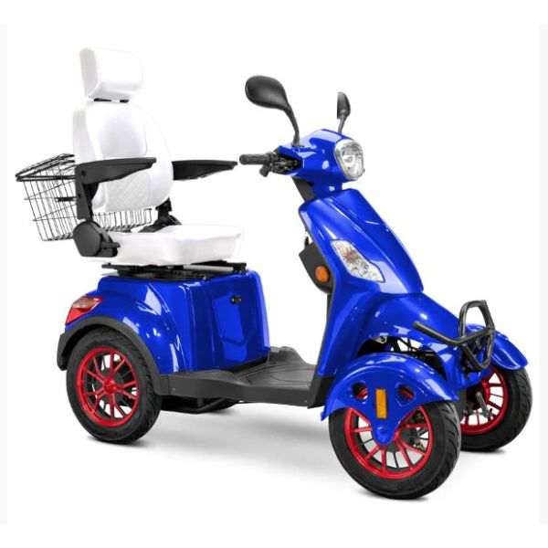 Bespoke Prestige Mobility Scooter in Blue with White Seat and Red Wheel Rim