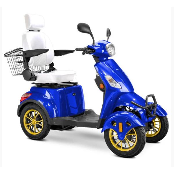 Bespoke Prestige Mobility Scooter in Blue with White Seat and Gold Wheel Rim