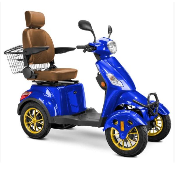 Bespoke Prestige Mobility Scooter in Blue with Brown Seat and Gold Wheel Rims