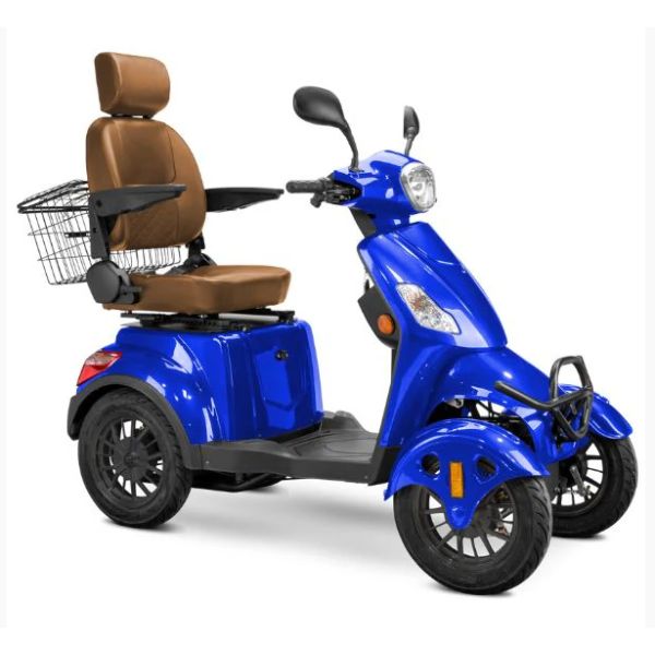 Bespoke Prestige Mobility Scooter in Blue with Brown Seat and Black Wheel Rims