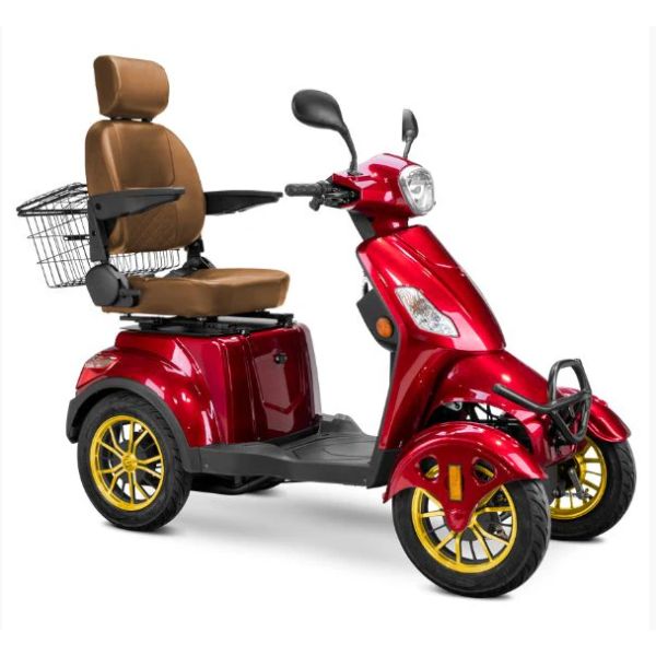 Bespoke Prestige Mobility Scooter in Red with Brown Seat and Gold Wheel Rims