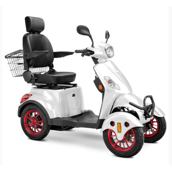 Bespoke Prestige Mobility Scooter in White with Black Seat and Red Wheel Rims