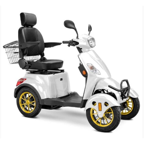 Bespoke Prestige Mobility Scooter in White with Black Seat and Gold Wheel Rims