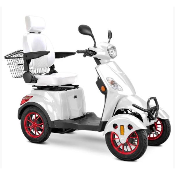 Bespoke Prestige Mobility Scooter in White with White Seat and Red Wheel Rims