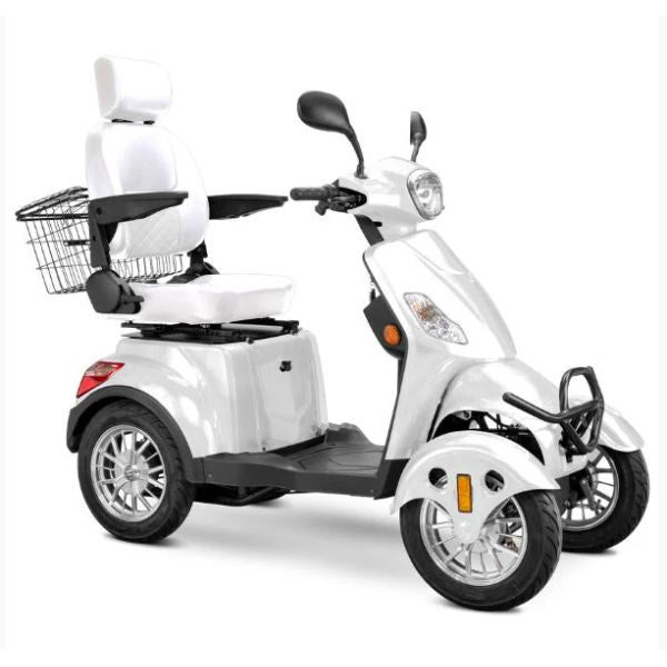 Bespoke Prestige Mobility Scooter in White with White Seat and Chrome Wheel Rims