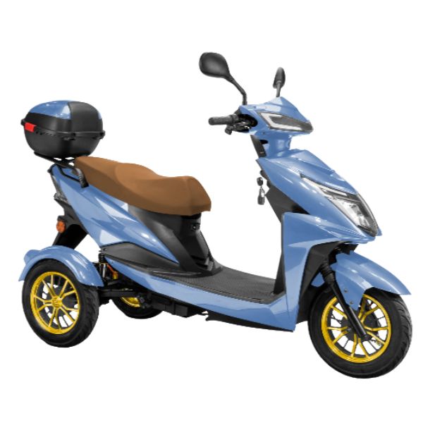 Bespoke Regal 3-Wheel Scooter in Blue with Brown Seat and Gold Rim