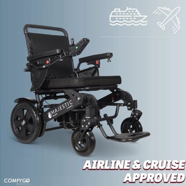 ComfyGo Majestic 440 HD Plus Remote Control Power Wheelchair with 'Majestic' branding on a blue background, featuring airplane and ship icons.