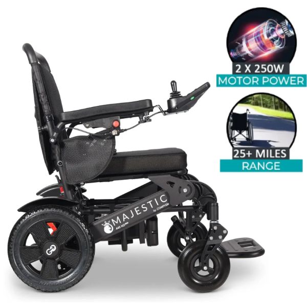 ComfyGo Majestic 440 HD Plus Remote Control Power Wheelchair with power indicators on a white background