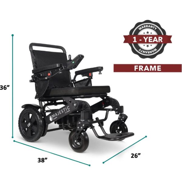 ComfyGo Majestic 440 HD Plus Remote Control Power Wheelchair with dimensions and warranty information on a white background