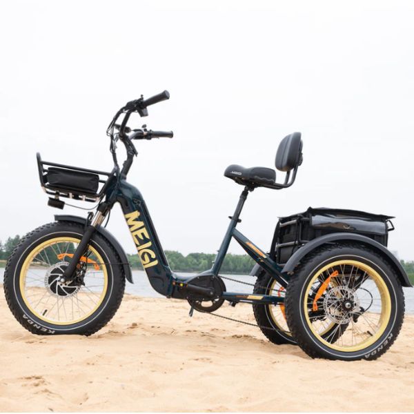 DWMEIGI MG2301 Green Silverado-HD Fat Tire Electric Trike Left Side View on Sandy Terrain