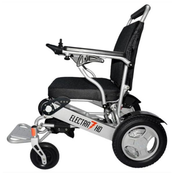 Electra 7 HD Wide Bariatric Folding Power Wheelchair in Silver Left Side View