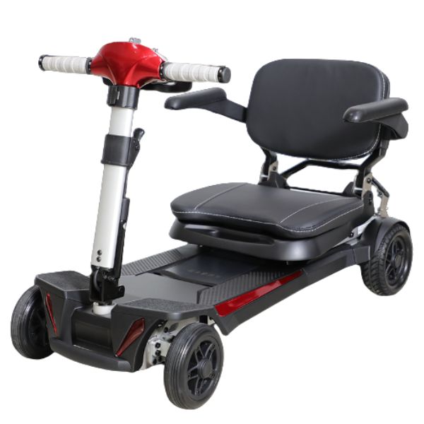 Enhance Mobility Mobifree Folding 4-Wheel Mobility Scooter with Seat Lifted Down the Footrest
