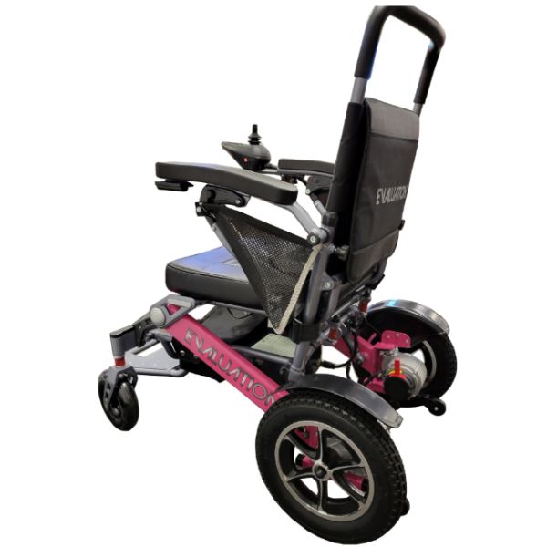 Evaluation Evolution Auto Folding Power Wheelchair in Pink Rear Left View