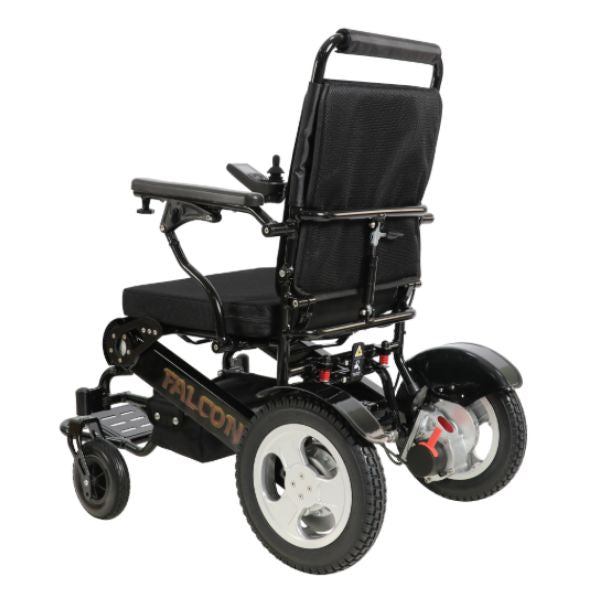 Falcon Folding Power Wheelchair in Black Left Rear View