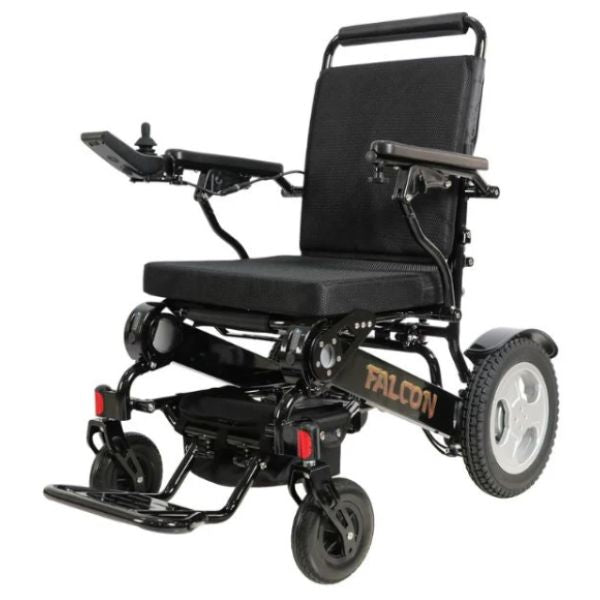 Falcon Folding Power Wheelchair in Black Left Angle View