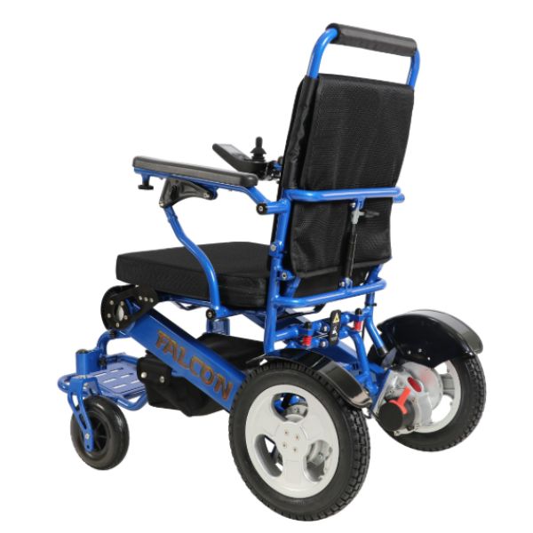 Falcon Folding Power Wheelchair in Blue Left Rear View