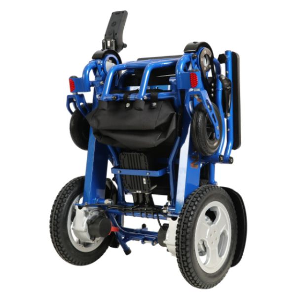 Falcon Folding Power Wheelchair in Blue Folded Upward Position