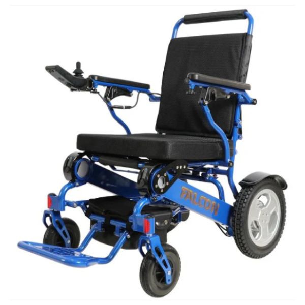 Falcon Folding Power Wheelchair in Blue Left Angle View