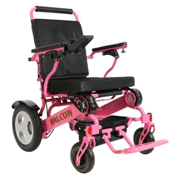 Falcon Folding Power Wheelchair in Pink Angle Right View