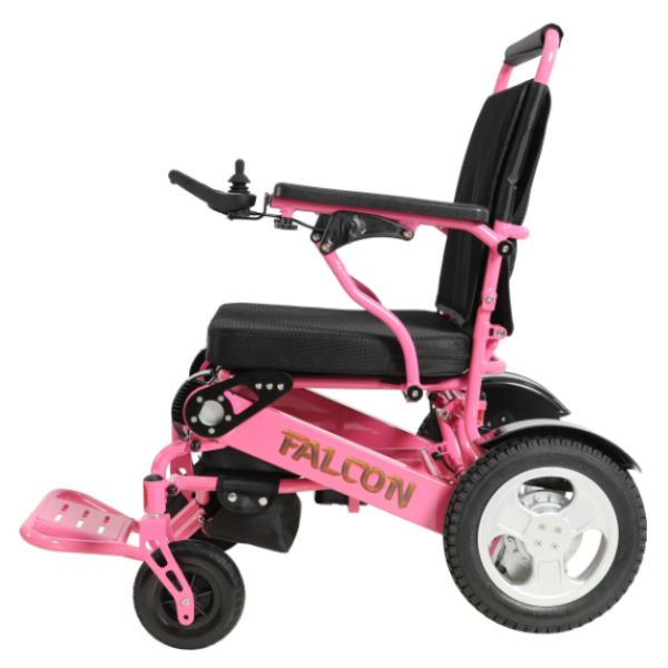 Falcon Folding Power Wheelchair in Pink Left Side View