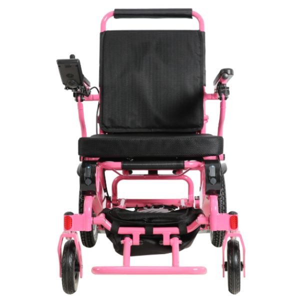 Falcon Folding Power Wheelchair in Pink Front View