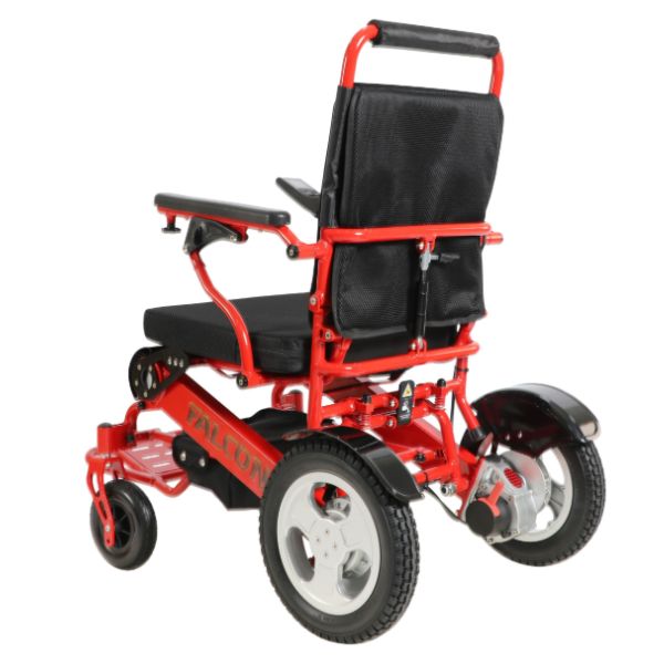 Falcon Folding Power Wheelchair in Red Left Rear View
