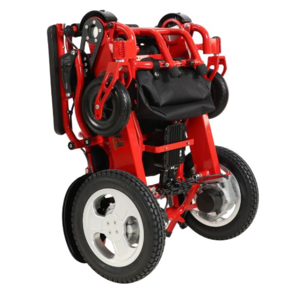 Falcon Folding Power Wheelchair in Red Folded Upward Position