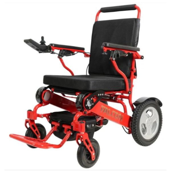 Falcon Folding Power Wheelchair in Red Left Front View