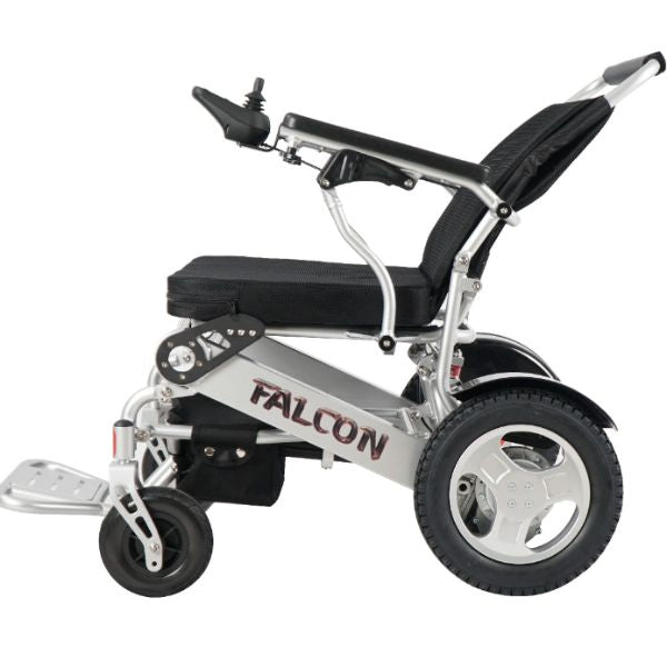 Falcon Folding Power Wheelchair in White in a Reclining Position