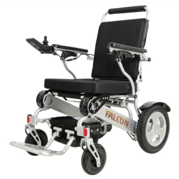 Falcon Folding Power Wheelchair in Silver Left Angle View